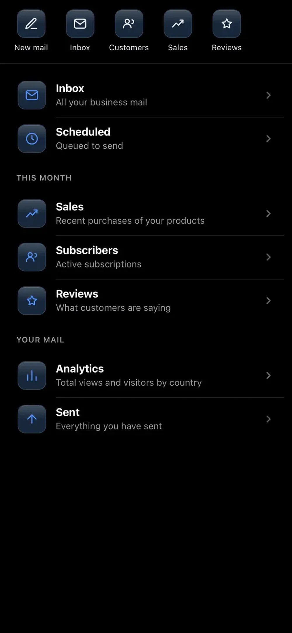 Boonful business dashboard with inbox, scheduled mail, sales, subscribers, reviews, analytics, and sent mail.