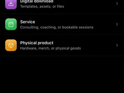 Boonful mobile screen for creating a product, with app, book, course, download, service, and physical product options.