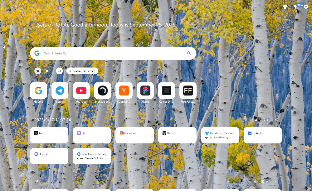 BoTab new-tab page with a birch-tree wallpaper, search bar, shortcut icons, saved-tab cards, and RSS sections.