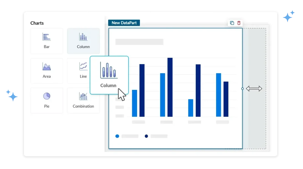 Chart-building interface showing chart choices including Bar, Column, Area, Line, Pie, and Combination, with a selected column chart on a canvas titled New DataPart.