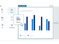 Chart-building interface showing chart choices including Bar, Column, Area, Line, Pie, and Combination, with a selected column chart on a canvas titled New DataPart.