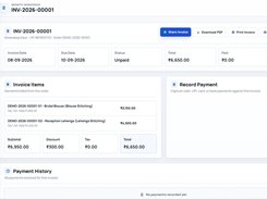 Single invoice view displaying billed garment line items, discounts, order totals, and action buttons to share via WhatsApp, download PDF, print, or record incoming payments.