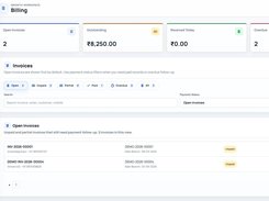 Billing overview screen featuring open invoice and revenue metric cards, payment status filter tabs (Open, Unpaid, Partial, Paid), and a list of pending customer bills.