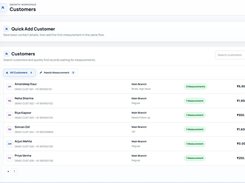 Searchable customer directory showing client contact numbers, branch tags, recorded measurement counts, lifetime or order values, and direct links to view full customer profiles.