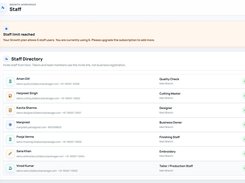 Staff directory view showing active team members across roles like Cutting Master, Designer, and Finishing Staff, with plan limit indicators and role-based link statuses.
