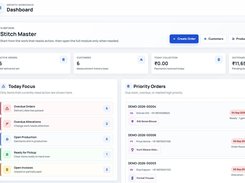Boutique web dashboard showing active orders, daily collections, and outstanding balance KPI cards, paired with quick action buttons, a "Today Focus" alerts panel, and a priority order queue.