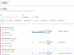 Order tracking workspace with quick status filters (Overdue, Due Today, Pickup, Alteration) and cards displaying garment completion progress, delivery deadlines, and payment balance.