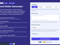 Round Robin Generator interface showing player setup, match scheduling options, and tournament creation features.