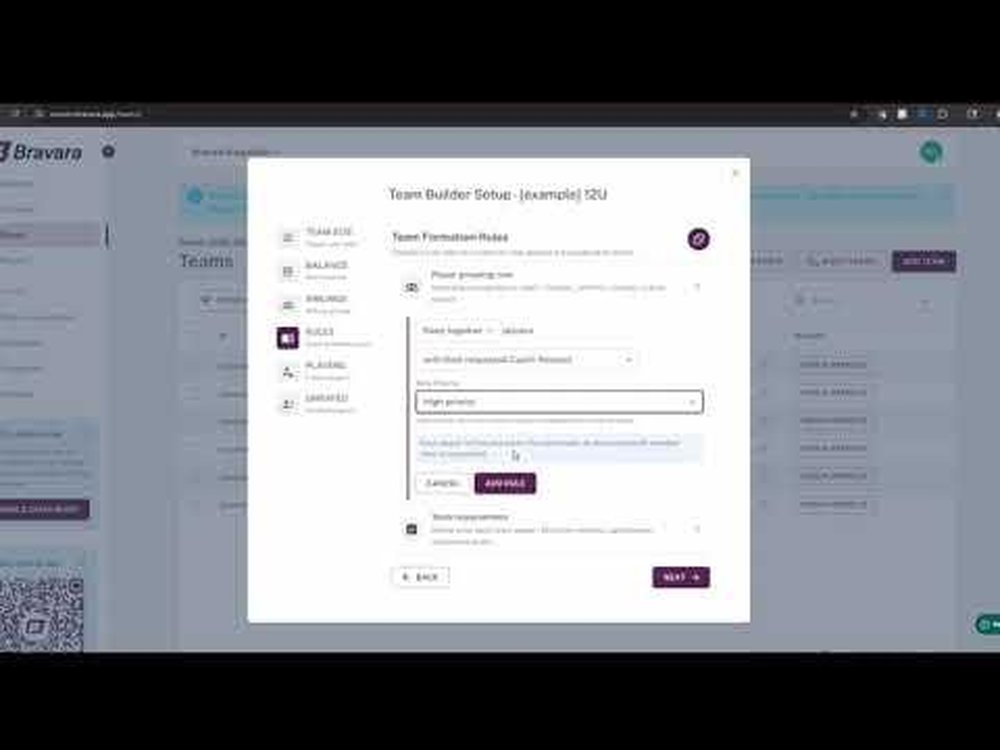 A browser view of the Bravara team builder with a centered team-formation rules dialog over the dashboard.