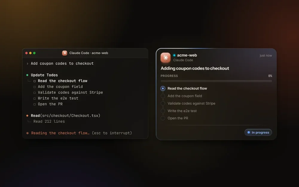 A dark desktop terminal window titled “Claude Code · acme-web” shows a coupon-code task checklist beside a Claude Code progress notification card.