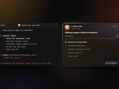 A dark desktop terminal window titled “Claude Code · acme-web” shows a coupon-code task checklist beside a Claude Code progress notification card.