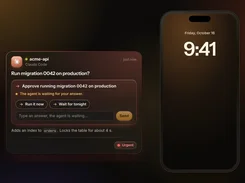 A dark Claude Code notification card asks whether to run production migration 0042, with response buttons, next to a phone lock-screen mockup.