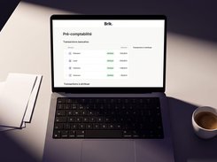 Brik pre-accounting screen on a laptop listing bank transactions and their assignment status.