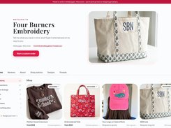Embroidery shop storefront with product listings and custom-order button.