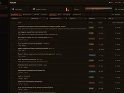BugTape Issues dashboard in dark mode showing issue counts, severity filters, and a table of unresolved error reports.