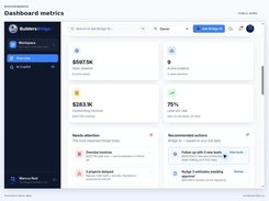 BuildersBridge dashboard metrics screen showing open pipeline, active projects, invoices, lead win rate, attention items, and recommended actions.