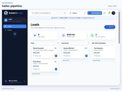 BuildersBridge sales pipeline screen with lead cards arranged by stages including New, Contacted, and Site Visit Scheduled.