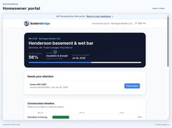BuildersBridge homeowner portal showing a basement renovation project, progress percentage, invoice alert, and construction timeline.
