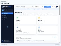 BuildersBridge financials screen showing collected revenue, accounts receivable, active contracts, remaining budget, and job-costing information.