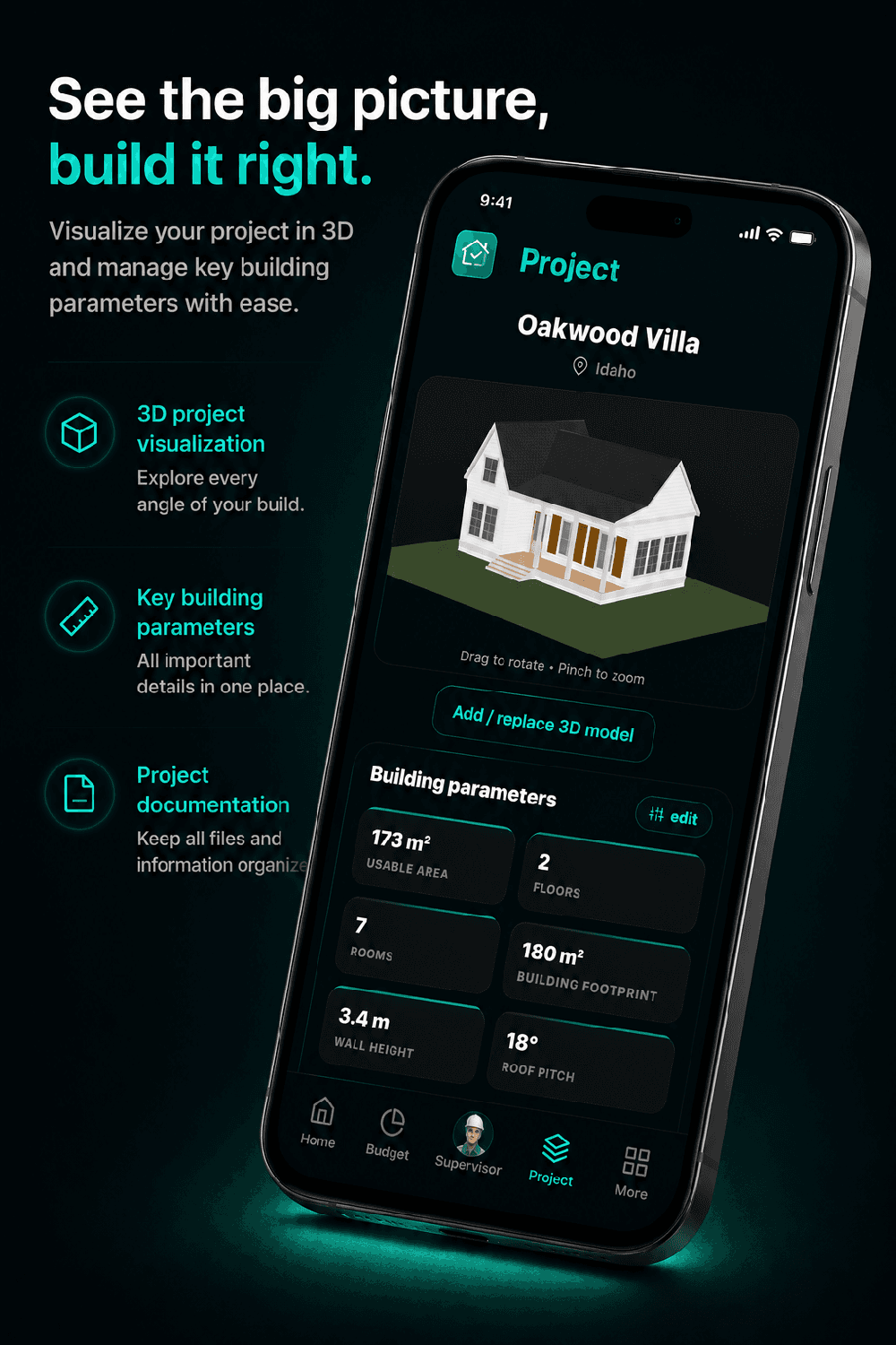 A phone mockup displays the BuildIQ Project screen for “Oakwood Villa,” including a rotatable 3D house model and building parameters.