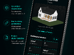 A phone mockup displays the BuildIQ Project screen for “Oakwood Villa,” including a rotatable 3D house model and building parameters.
