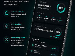 A phone mockup displays the BuildIQ Progress screen with project-stage completion indicators, current-stage steps, and ordering lead-time items.