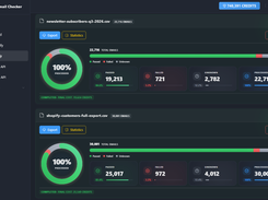 Completed bulk verification lists with pass, fail, and unknown distribution, final credit cost per list, and one-click export.