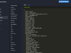 Real-time API documentation showing a JSON response with mailbox status, disposable, role account, gibberish, and free service flags, plus the full MX enrichment block. Code examples are provided for cURL, PHP, Python, Node.js, Go, Ruby, Java, C#, WordPress, Google Sheets, and Excel.
