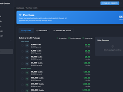 Pay-as-you-go credit packages from 1,000 to 500,000 verifications with no expiration and one-time payment, plus auto-reload and Unlimited API thread options.