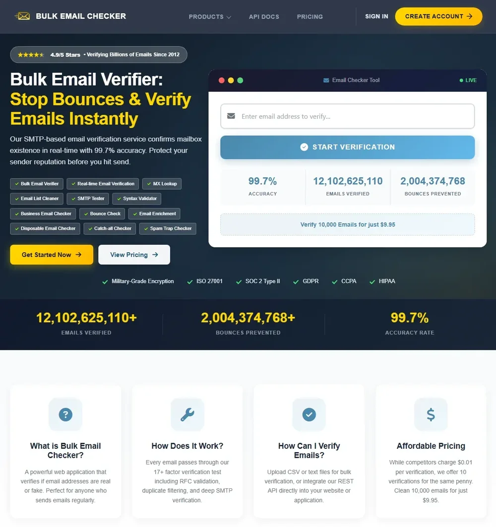 Homepage with the free single-address email checker, showing accuracy rate, lifetime verifications, and bounces prevented.