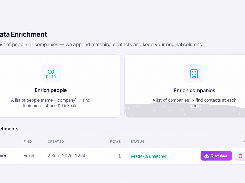 Bulkdata Data Enrichment screen with options to enrich people or companies and a table of enrichment jobs with status and download actions.