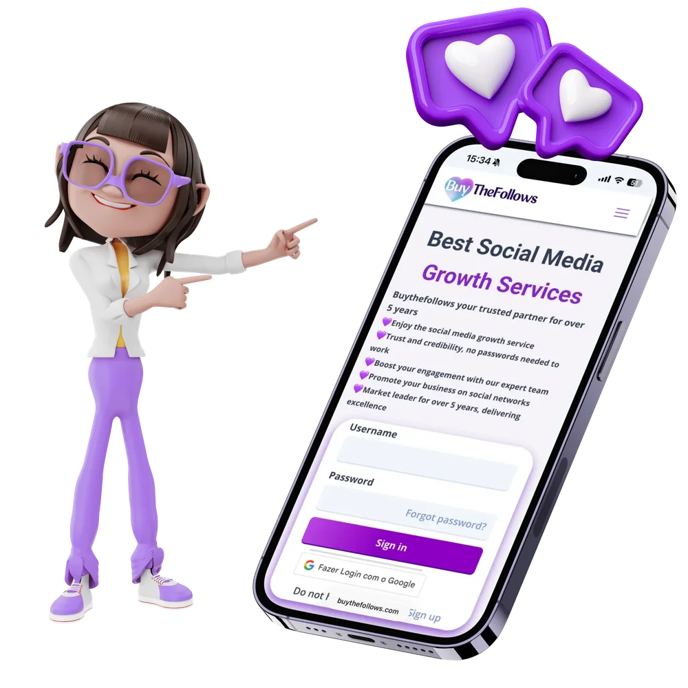 A phone mockup displays the BuyTheFollows mobile sign-in page, with username and password fields, a Sign in button, Google login, and a cartoon character pointing toward it.