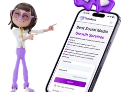 A phone mockup displays the BuyTheFollows mobile sign-in page, with username and password fields, a Sign in button, Google login, and a cartoon character pointing toward it.