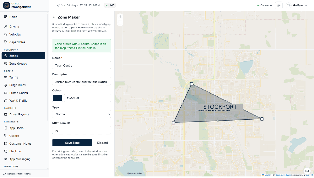 Cabica Management Zone Maker screen with a map of Stockport, an editable polygon zone, and zone name and configuration fields.