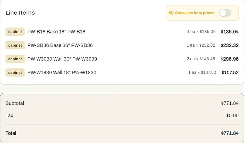 A line-items and totals interface listing cabinet products, quantities, unit prices, subtotal, tax, and total.