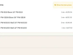 A line-items and totals interface listing cabinet products, quantities, unit prices, subtotal, tax, and total.
