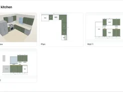 A 'Your kitchen' interface with thumbnail cards for a 3D view, floor plan, and two wall elevations.