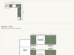 A kitchen planning interface showing a floor plan above a labeled Wall 1 elevation diagram.