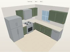A 3D corner kitchen layout with green cabinets, appliances, countertops, a window, and view-selection tabs.