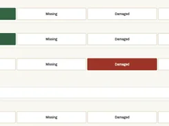 A delivery-check interface for cabinet boxes with OK, Missing, Damaged, and Wrong status options and a damage-report field.