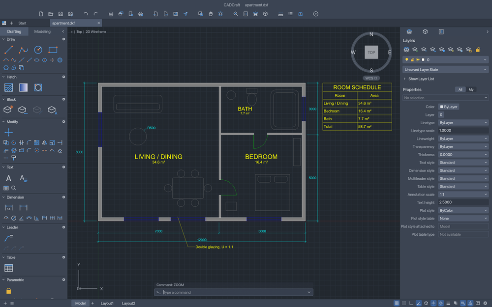 CADCraft drafting interface displaying a dark-grid apartment floor plan with room labels, dimensions, a room schedule, drawing tools, layers, and properties panels.