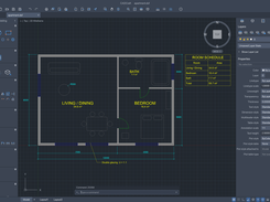 CADCraft drafting interface displaying a dark-grid apartment floor plan with room labels, dimensions, a room schedule, drawing tools, layers, and properties panels.