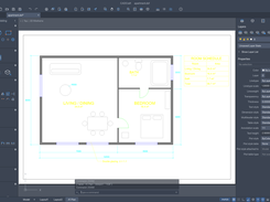 CADCraft interface in layout view showing a white drawing sheet with an apartment floor plan, dimensions, room schedule, drafting tools, layers, and properties panels.