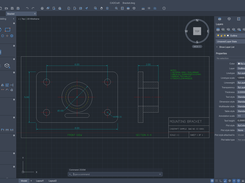 CADCraft drafting interface displaying a dimensioned mounting-bracket drawing with a front view, section view, notes, and title block.