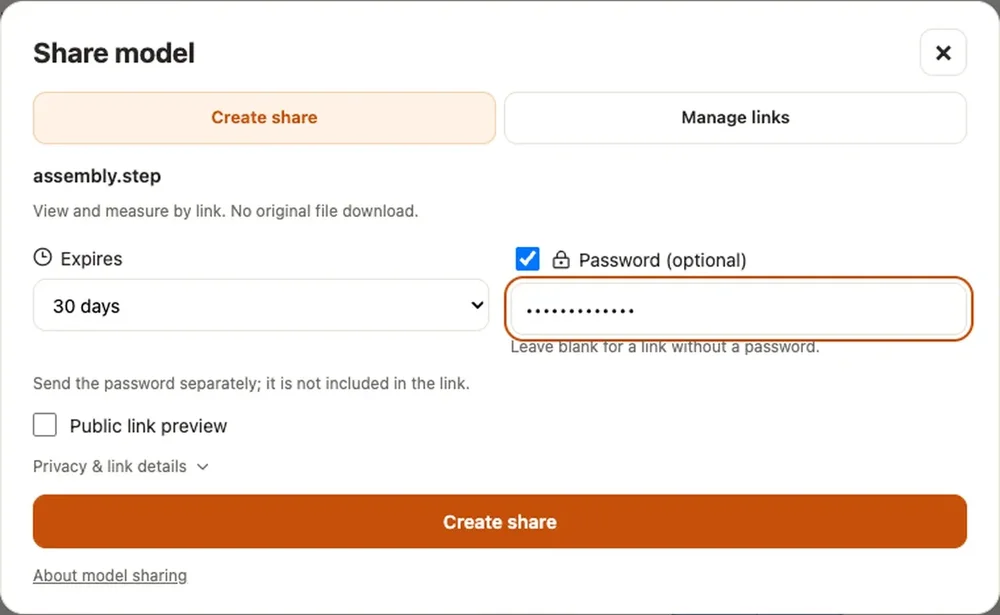 CADProps “Share model” dialog for assembly.step, with link expiration, optional password, public-link preview, and a Create share button.