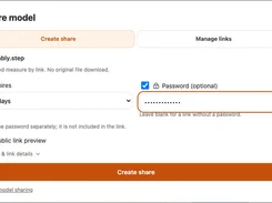 CADProps “Share model” dialog for assembly.step, with link expiration, optional password, public-link preview, and a Create share button.