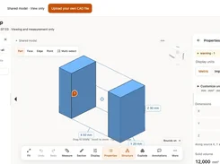 CADProps shared-model viewer displaying a two-block 3D assembly with model structure, dimension labels, and a properties panel.