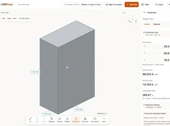 CADProps viewer displaying a gray rectangular 3D block with dimensions and calculated properties including volume, surface area, and mass.
