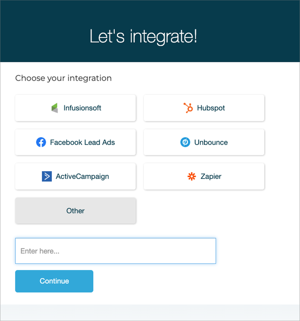 Callingly onboarding screen for selecting an integration, with options including Infusionsoft, HubSpot, Facebook Lead Ads, Unbounce, ActiveCampaign, and Zapier.