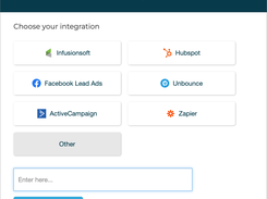 Callingly onboarding screen for selecting an integration, with options including Infusionsoft, HubSpot, Facebook Lead Ads, Unbounce, ActiveCampaign, and Zapier.
